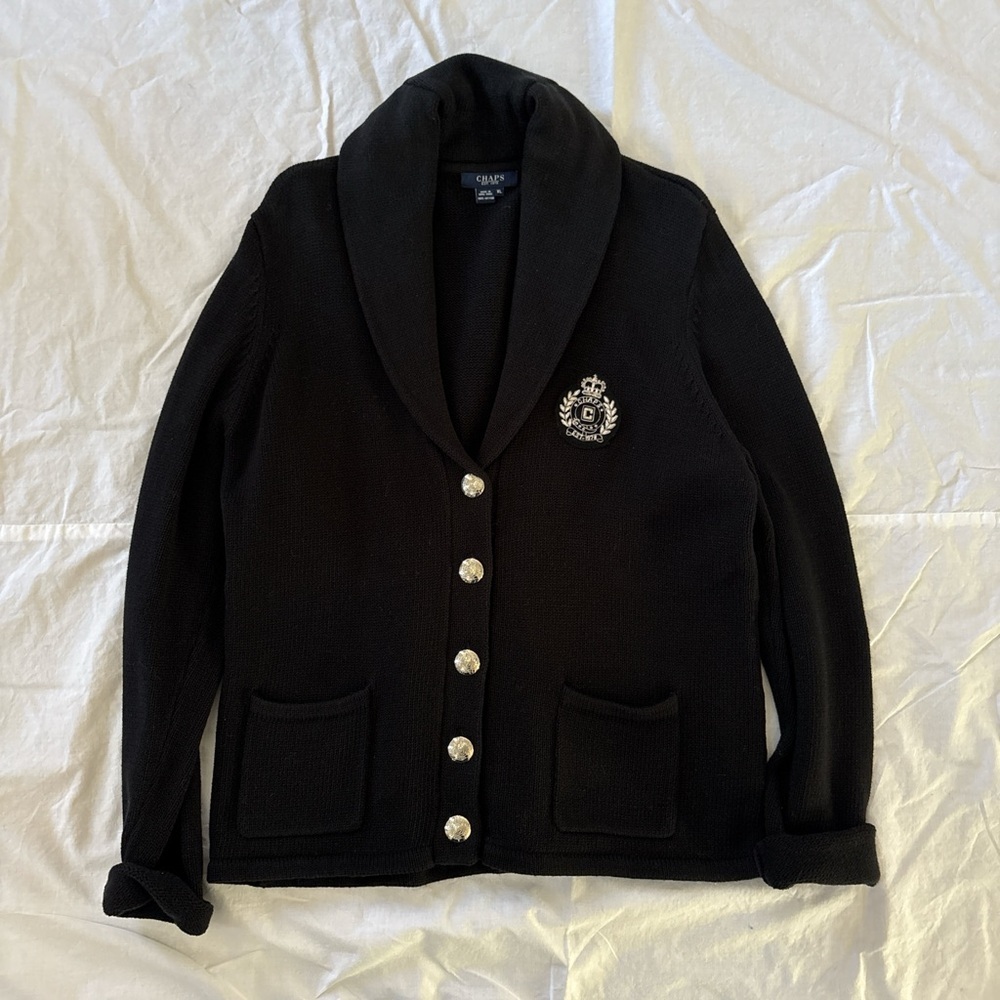 Chaps Navy Shawl Collar Cardigan with Crest